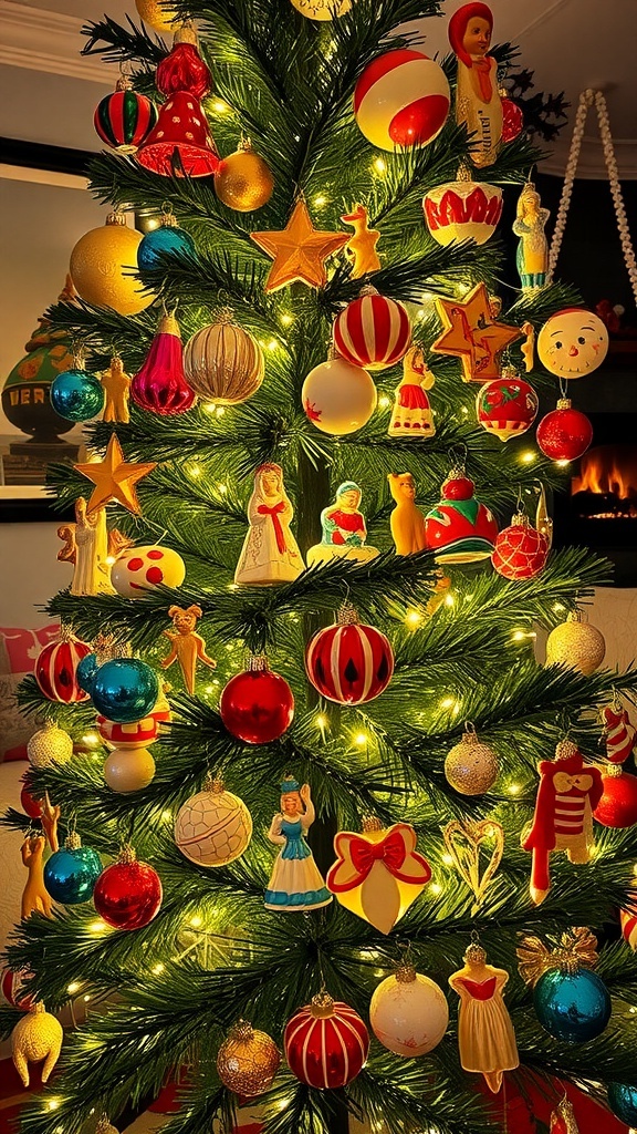 A Christmas tree decorated with colorful 1950s vintage ornaments, glowing with lights in a cozy living room.